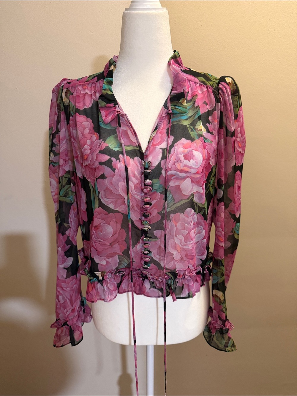 The Kooples Pink Floral Sheer Button-Front Women’s Blouse size 1